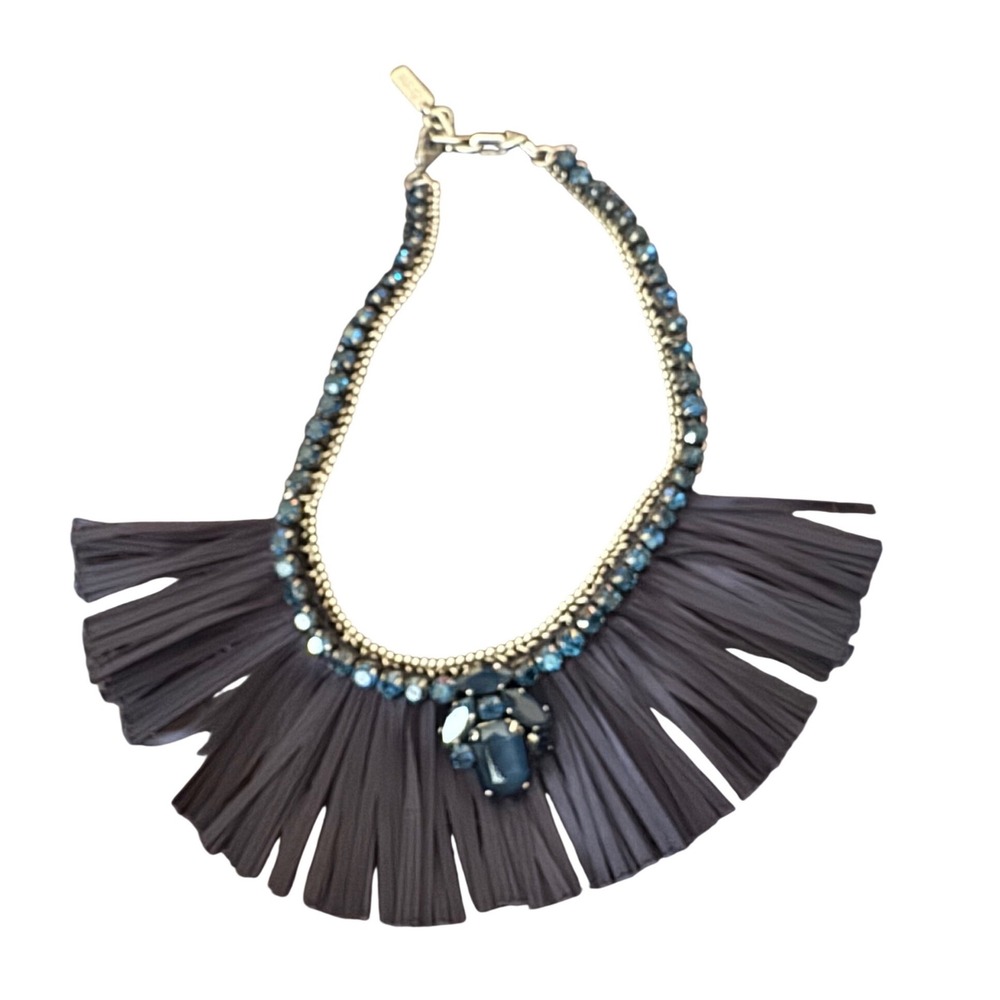 Rada VTG Designer Navy Blue Fringe Necklace Crystal Accents Silver Tone Italy